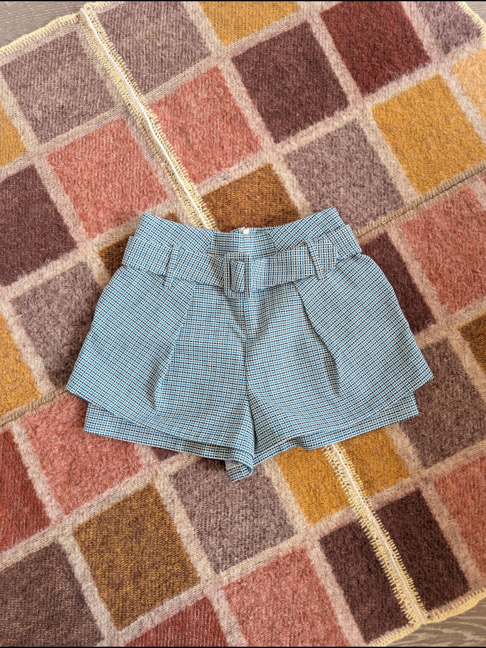 Maje Retro Blue Micro-Check High-Waist Tailored Shorts with Belt